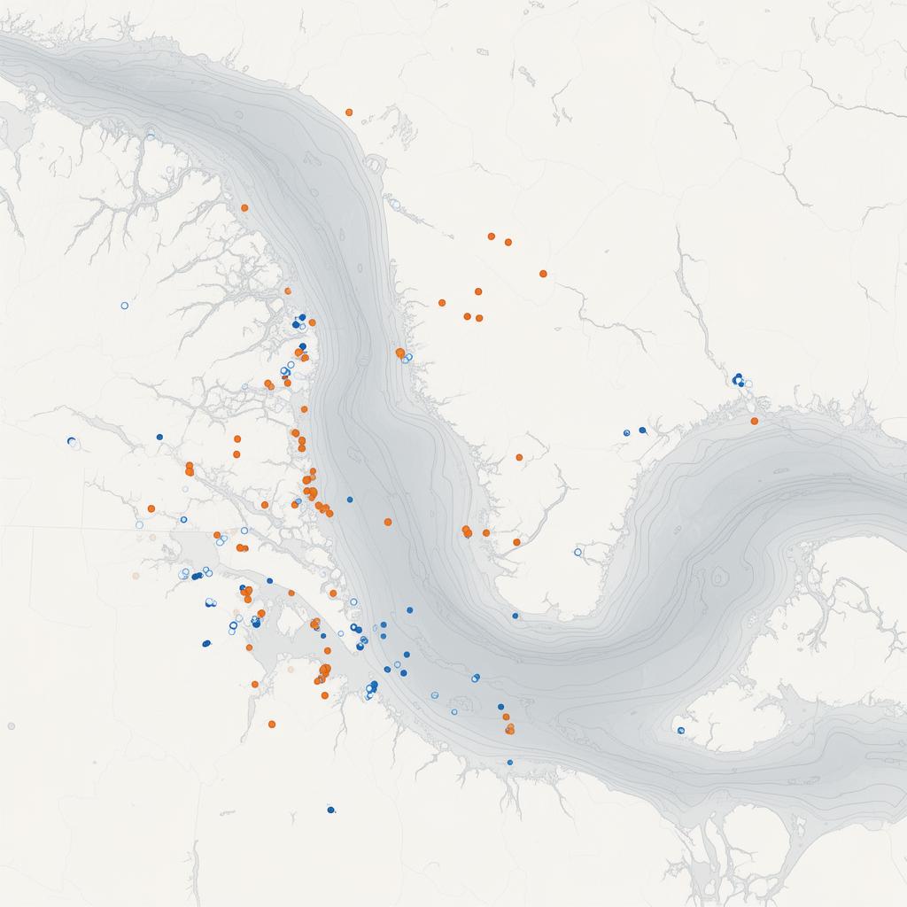 Topographic map of Cook Inlet with recent beluga whale sighting markers